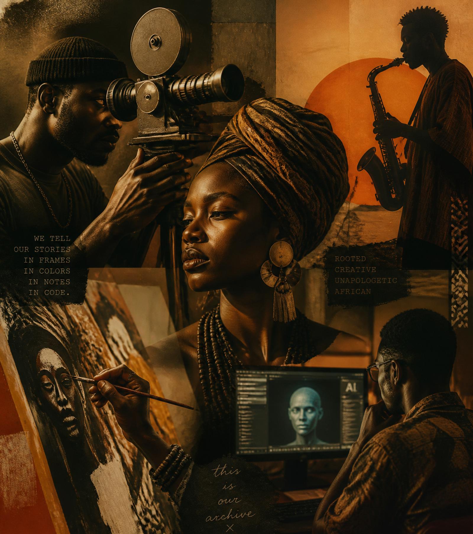 A collage of creatives at work — filmmaker, painter, musician and technologist bathed in warm ochre light